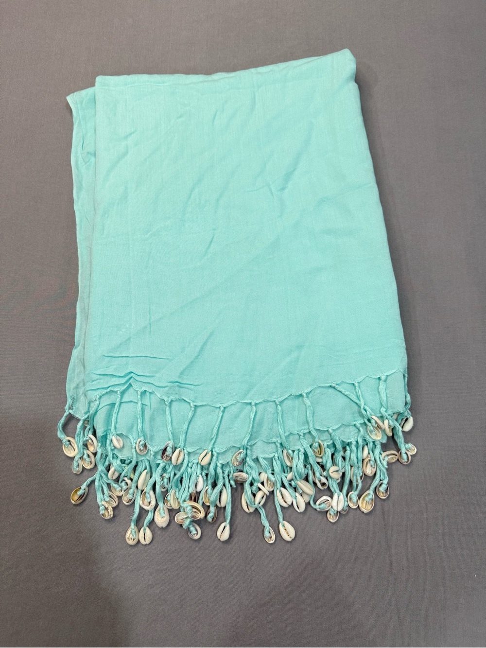 Blue Woven Rectangle Scarf Wrap with Fringe and Shell Accents, Solid Women #102